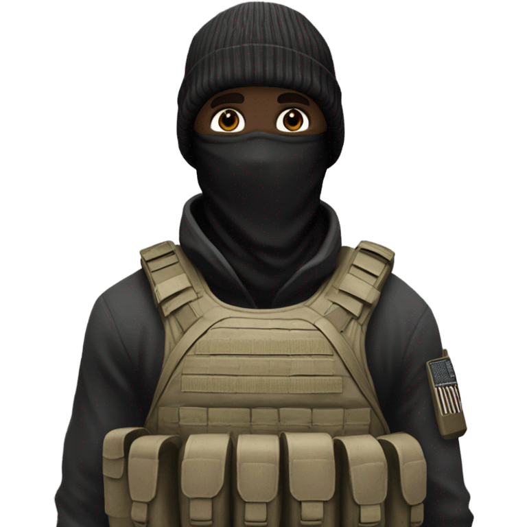 white male, pale skin, call of duty black face mask, camo tactical gear, combat boots, black beanie, hazel eyes, full body emoji