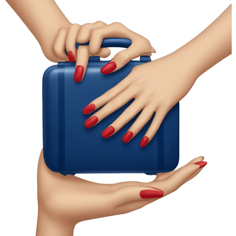 
female hand with red manicure holding a dark blue case emoji