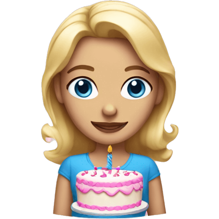 Blonde woman with blue eyes holding a pink birthday cake  emoji