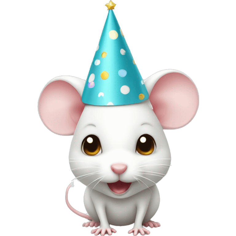 Cute little white mouse wearing party hat emoji