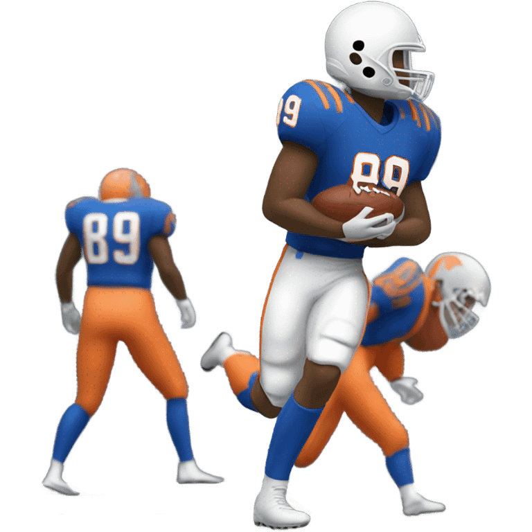 White tight end wearing #89 catching a football wearing blue and orange emoji