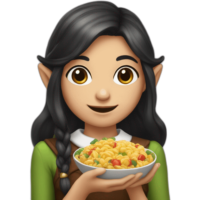 Elf girl with dark hair holding food emoji