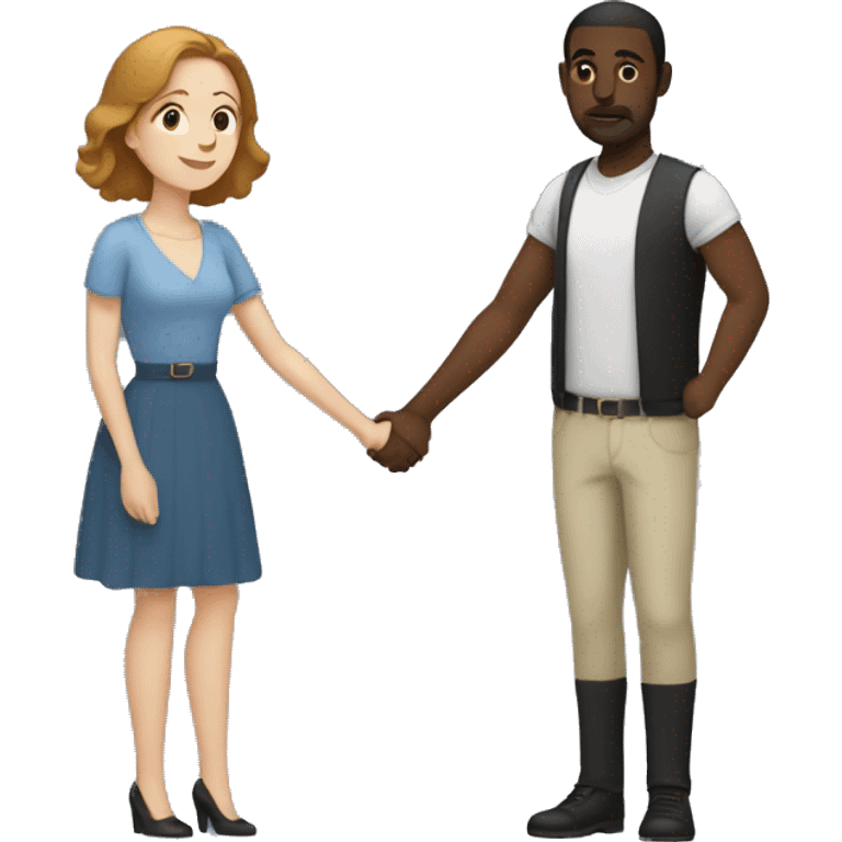 White woman with brown bob hair holding hands with a tall slim black man with a fade emoji