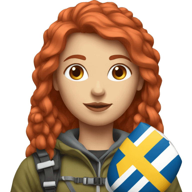 female winter mountaineer red hair holding greek flag and easter egg emoji