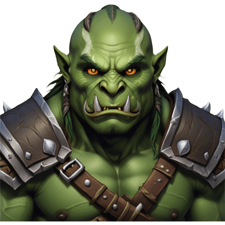 Cinematic Realistic WoW Orc Warrior Portrait, head tilted epicly and inquisitively, showcasing a commanding presence and raw, unyielding power. His battle-hardened green skin and muscular form, accented by meticulously crafted tribal armor in deep earthy hues, are rendered with lifelike clarity and dynamic lighting, high shine, epic and awe-inspiring, embodying the relentless spirit of an orc warrior ready for battle. emoji