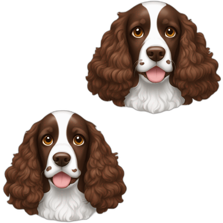 Lagy with brown curly hair is hugging brown old English springer spaniel emoji