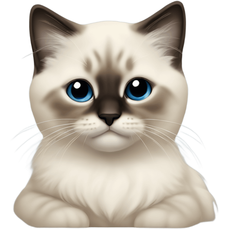 an entire birman kitten, small face, some spots of dark on the ears and middle of the face, laying down relaxed on a shoulder. emoji