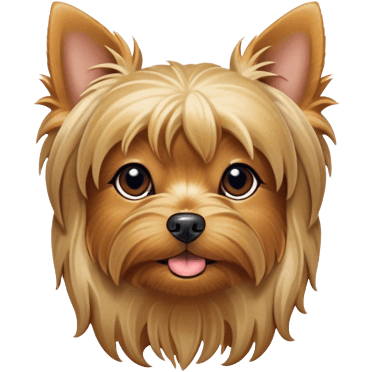 Cinematic Cute Yawning Yorkshire Terrier Portrait Emoji, Head tilted with a playful, drowsy expression and droopy, adorable eyes, featuring a soft, well-groomed fur in rich hues, simplified yet irresistibly endearing, highly detailed, glowing with a warm, cozy radiance, high shine, exuding a relaxed yet spunky charm, styled with a gentle, soft glowing outline, capturing the essence of a Yorkshire Terrier mid-yawn that seems as if it could cuddle right off the screen! emoji