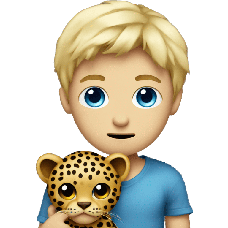 blue eye blonde boy holding stuffed leopard with a frown emoji