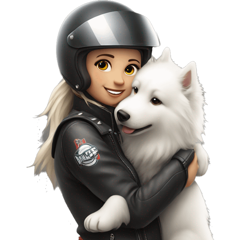 Biker girl with a agv helmet  hugging a Samoyed emoji