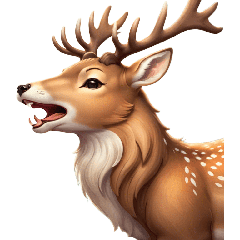 Cinematic Cute Yawning Deer Portrait Emoji, Head tilted slightly with a dramatic, wide-open yawn, revealing a soft, dappled Fur and elegantly drooping ears, eyes barely open in drowsy contentment, Simplified yet irresistibly adorable features, highly detailed, glowing with a soft, cozy glow, high shine, relaxed yet expressive, stylized with a touch of natural whimsy, bright and endearing, soft glowing outline, capturing the essence of a sleepy yet affectionate deer, so drowsy it feels like it could stretch right out of the screen and curl up for a nap! emoji