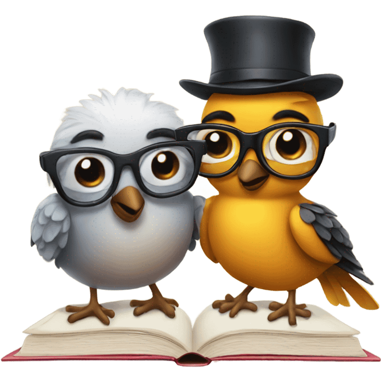 two birds but one of the birds wearing glasses and with a book emoji