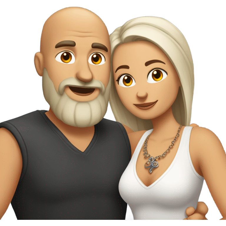 White orange Bearded guy with bald head and tattoos on left hand hugging a long brunette hair Croatian girl with nose ring stud emoji