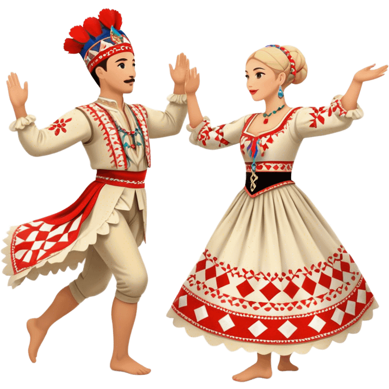 Cinematic Realistic scene of two performers engaging in the Croatian Linđo folk dance, adorned in vibrant traditional costumes with intricate patterns and accessories, captured in graceful, synchronized motion under festive natural lighting. emoji