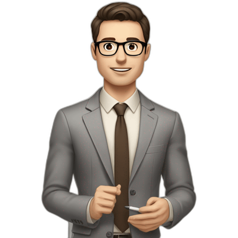 Pale skinned fit man with dark brown hair in gray jacket, beige office shirt, brown tie, brown pants and vintage glasses Writing on the marker board emoji