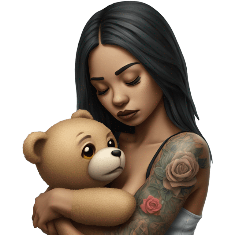 Hyper Realistic Beautiful tattooed woman crying sadly hugging a Teddy bear emoji