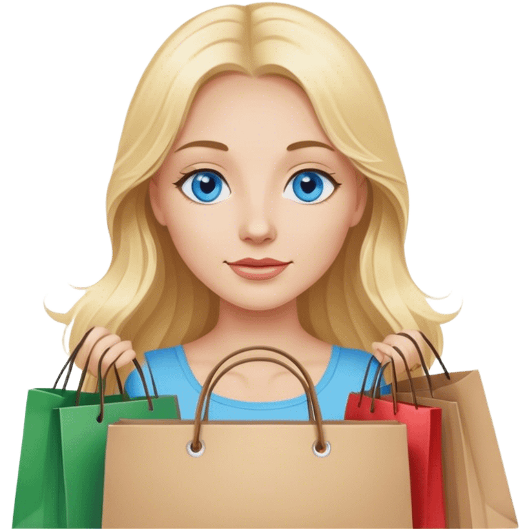 Cinematic realistic blonde with long hair, blue eyes goes shopping in her hands emoji