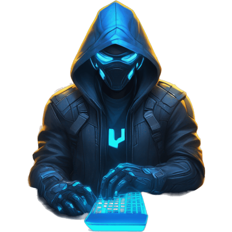 developer behind his laptop with this style : crysis Cyberpunk Riot Games Valorant neon glowing bright blue character blue black hooded assassin themed character emoji