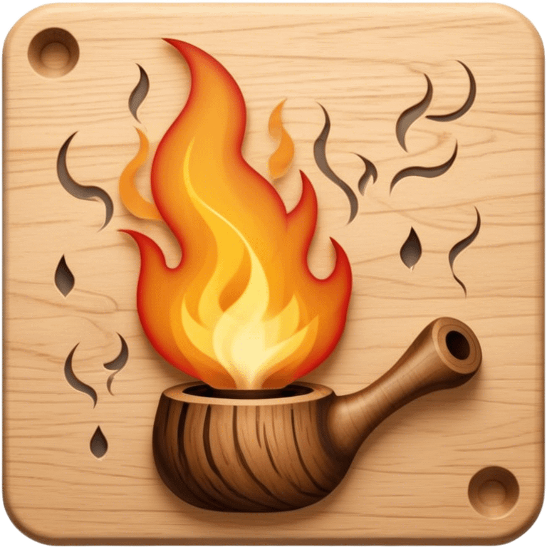 Pyrography icon, burning tool creating a detailed design on wood, visible heat marks and intricate patterns forming, smoke rising, wood texture, minimalistic style, clean lines, transparent background. emoji