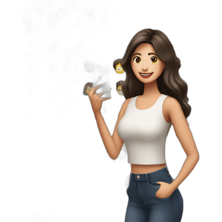 Mujer morena cabello largo con con iPhone en mano y redes sociales emoji