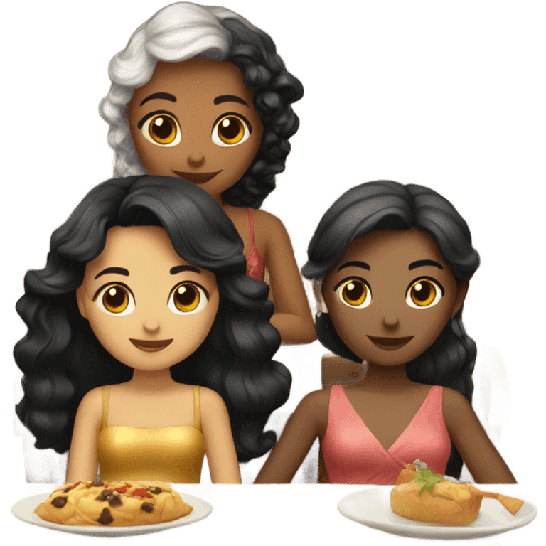 Three girls in New Year's dresses. The first one with black hair. The second one has white hair. The third one has brown hair. They're sitting in a restaurant. emoji