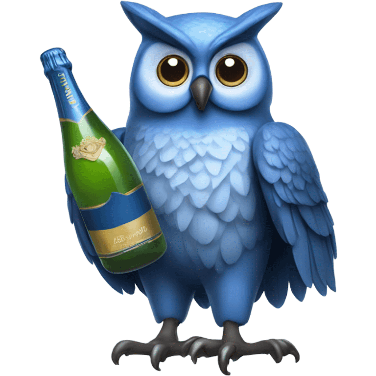 Blue owl holding bottles of champagne  emoji