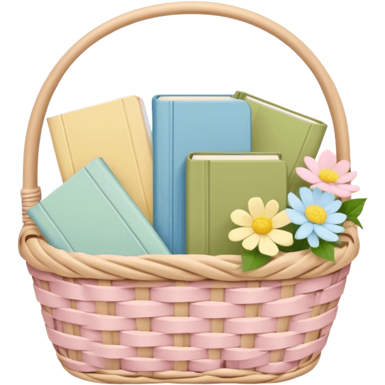 Pastel pink pastel yellow pastel blue and matcha colored books in a beige basket with flowers emoji