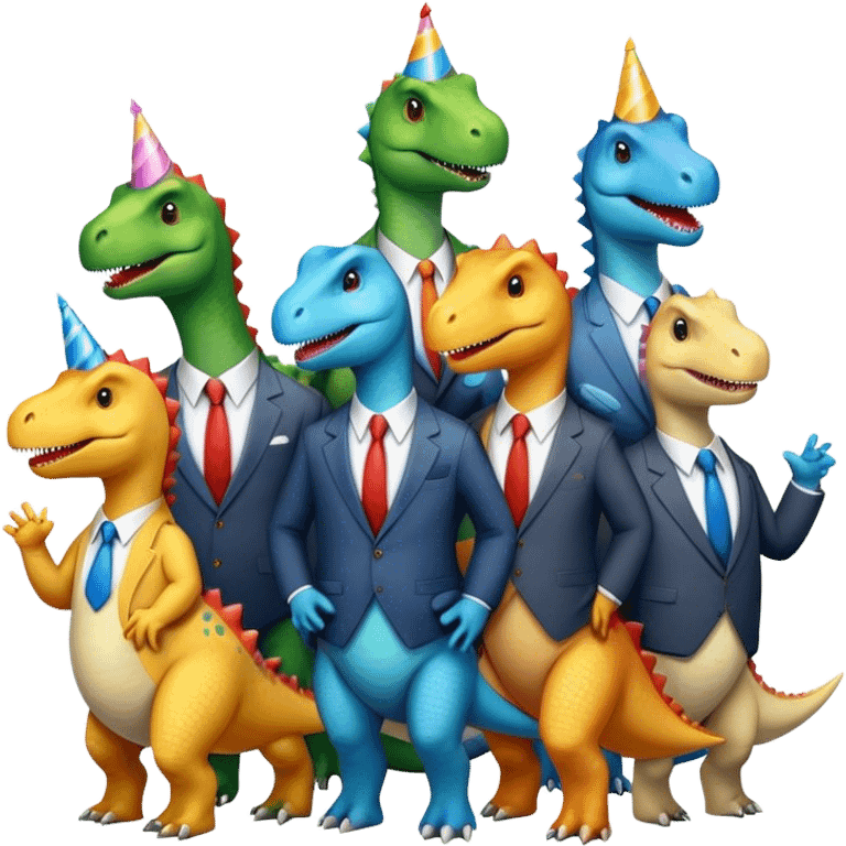 different office dinosaurs in office suits celebrating birthday emoji