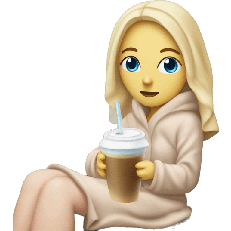 Blonde Girl with blue eyes covered in a cozy blanker With an iced Latte sitting on a couch emoji