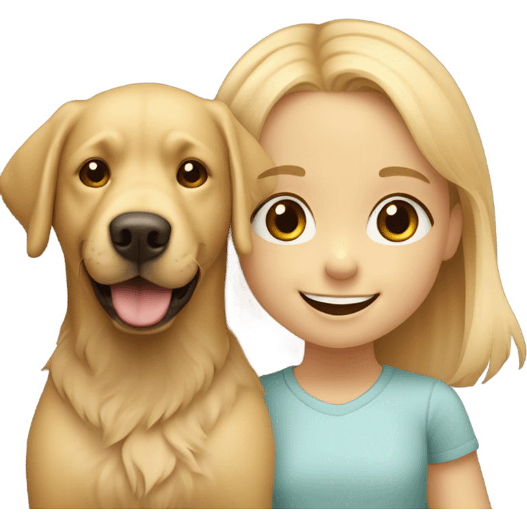 Smiling girl 6 years old with blond hair with a shaggy golden Labrador dog with brown eyes emoji