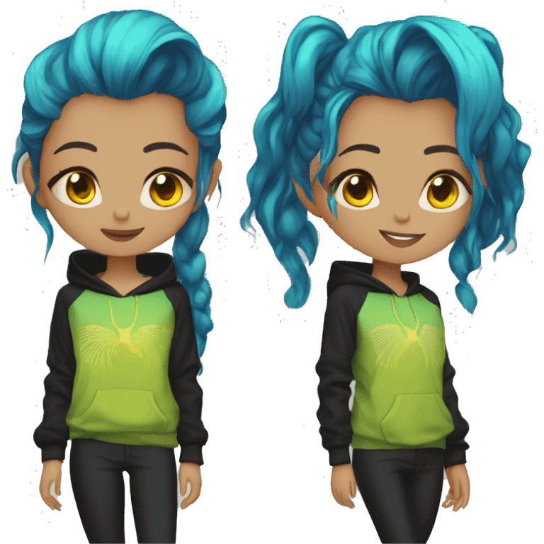 Lady with brunette and iridescent blue hair, gold, lime green dragon wings, black hoodie, bleach dyed, black and gold Nike t shirt, and bright red eyes emoji