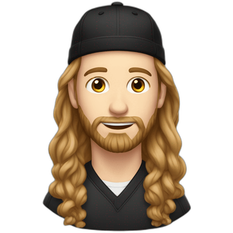 young white man with long hair, a black cap and a brown beard. he wears earrings emoji