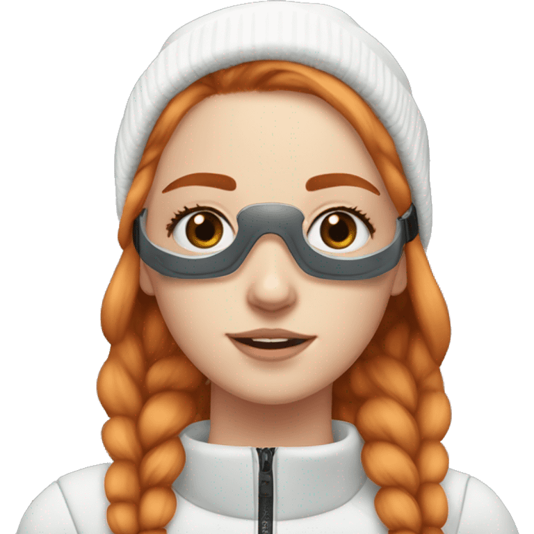 White fair skin, straight plain hair, ginger coloured hair, grundge aesthetic, beautiful face, ski goggles on her hair emoji