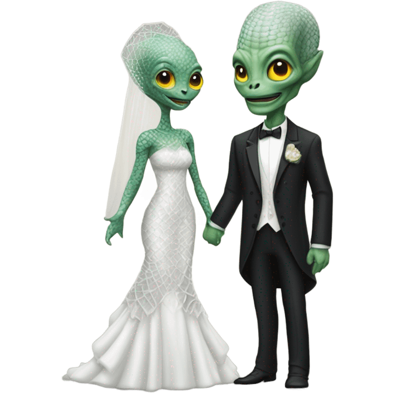 Alien reprilian woman in wedding dress, and one humman man in a tuxedo holding hands getting married emoji