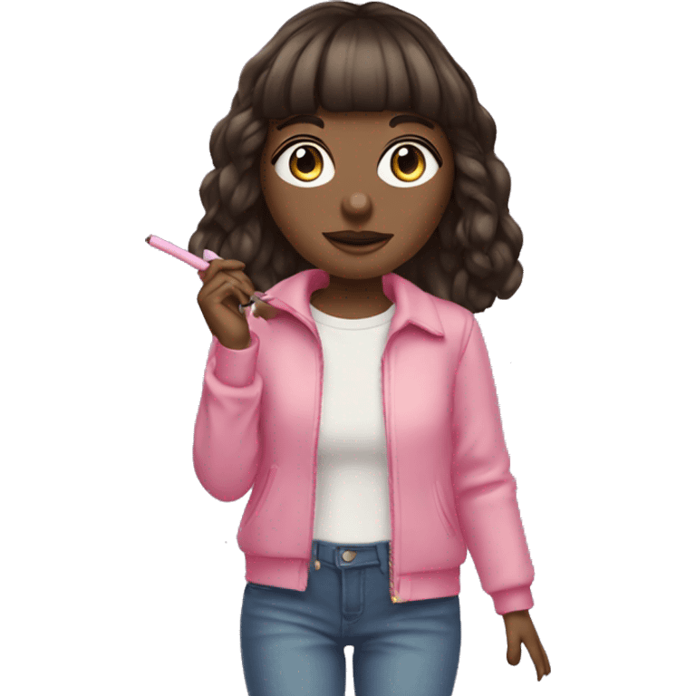 Brunette blue eyed girl with bangs pink outfit with a cbd blunt in her hand  emoji