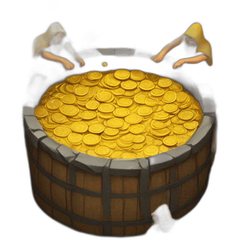 inside of a medieval mint showing different people working creating coins, some people turning hot gold into coins and some other people turning gold into liquid gold emoji