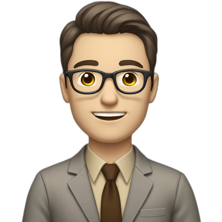 Full height Pale skinned fit man with dark brown hair in gray jacket, beige office shirt, brown tie, brown pants and vintage glasses. His right hand stretched out emoji