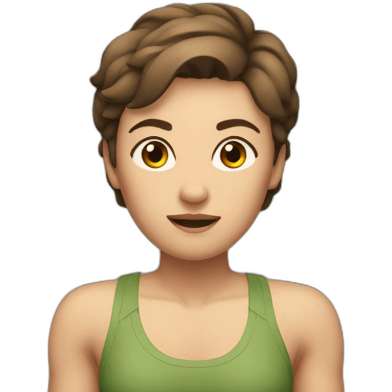 woman with muscles,short hair,tired eyes,brown hair, tight swimming trunks emoji