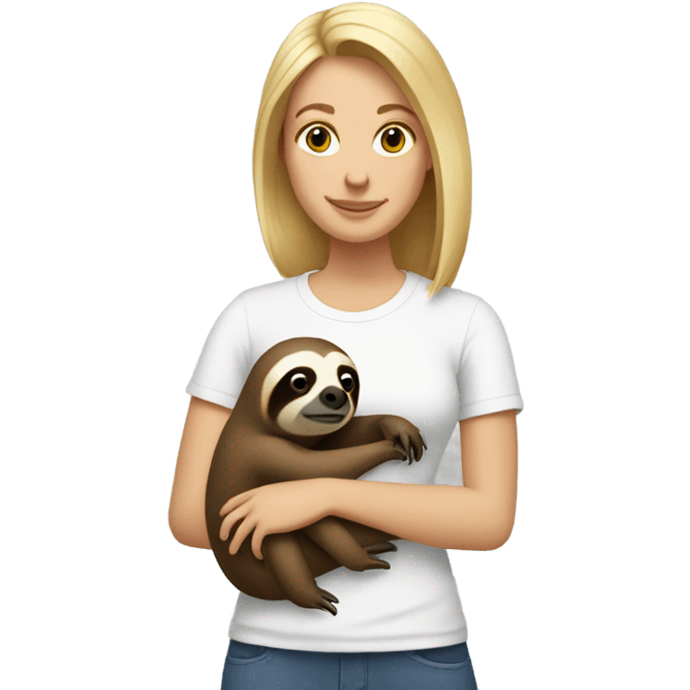 Lady with shoulder length blonde hair in white t-shirt holding a sloth emoji