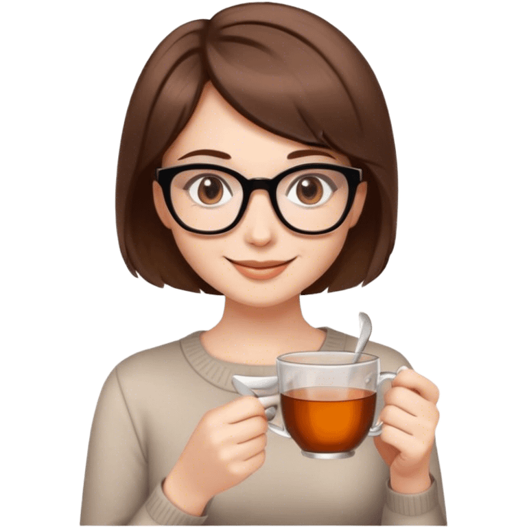 woman 55 years old white skin brown hair glasses short haircut smiling sweetly holding a cup of tea emoji