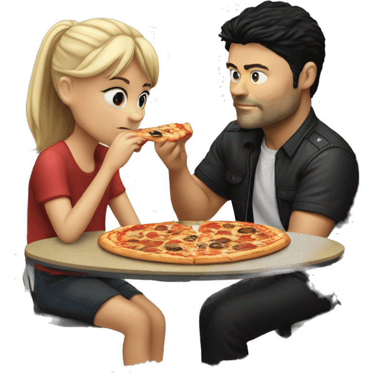 karl urban sitting at a table eating pizza with small white girl with black hair emoji