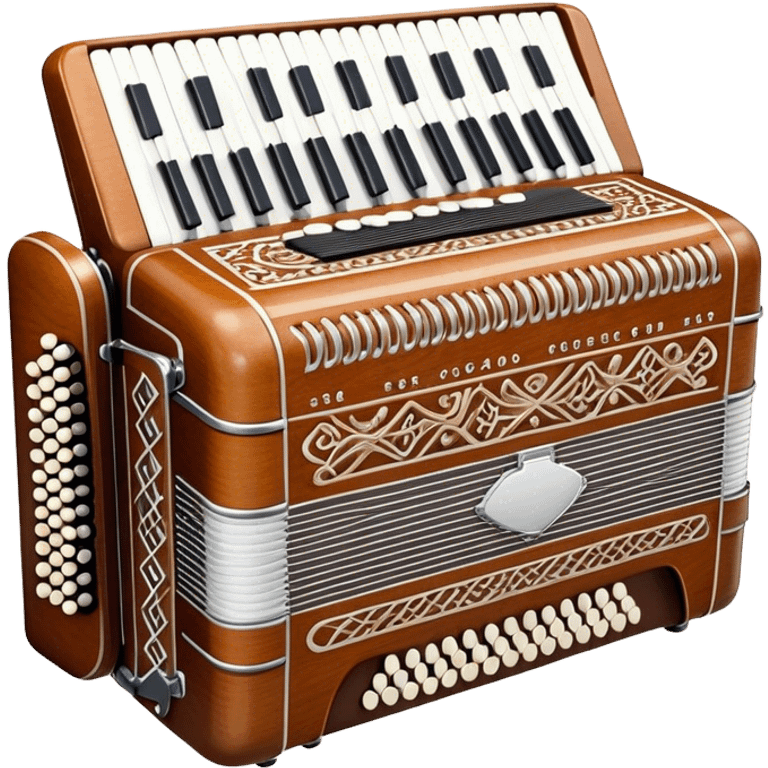 Cinematic Realistic image of a classic accordion, rendered with finely detailed textures and intricate keywork, set against a backdrop of soft, ambient lighting that highlights its vintage charm emoji