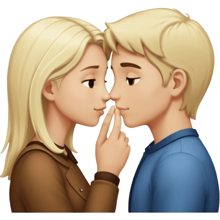 White blonde boy and white brown haired girl touch noses emoji