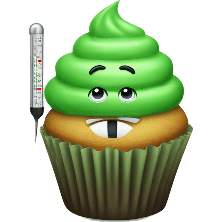 Sad green cupcake with a thermometer in its mouth  emoji