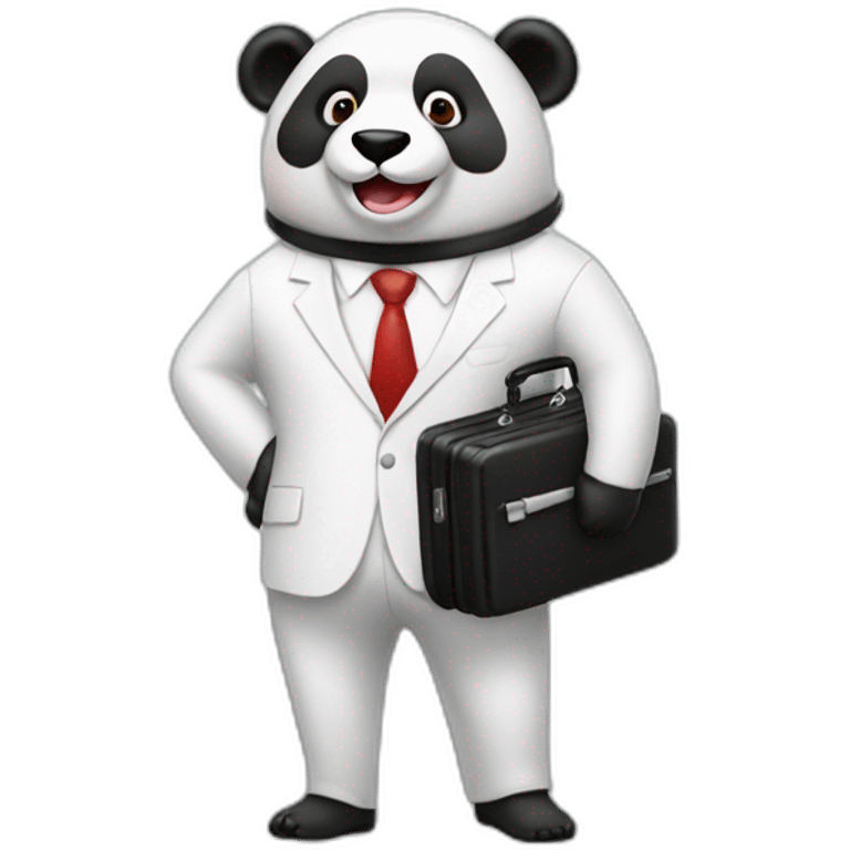 A professor with white suit and red tie and a panda face eating a hotdog and holding a black suitcase emoji