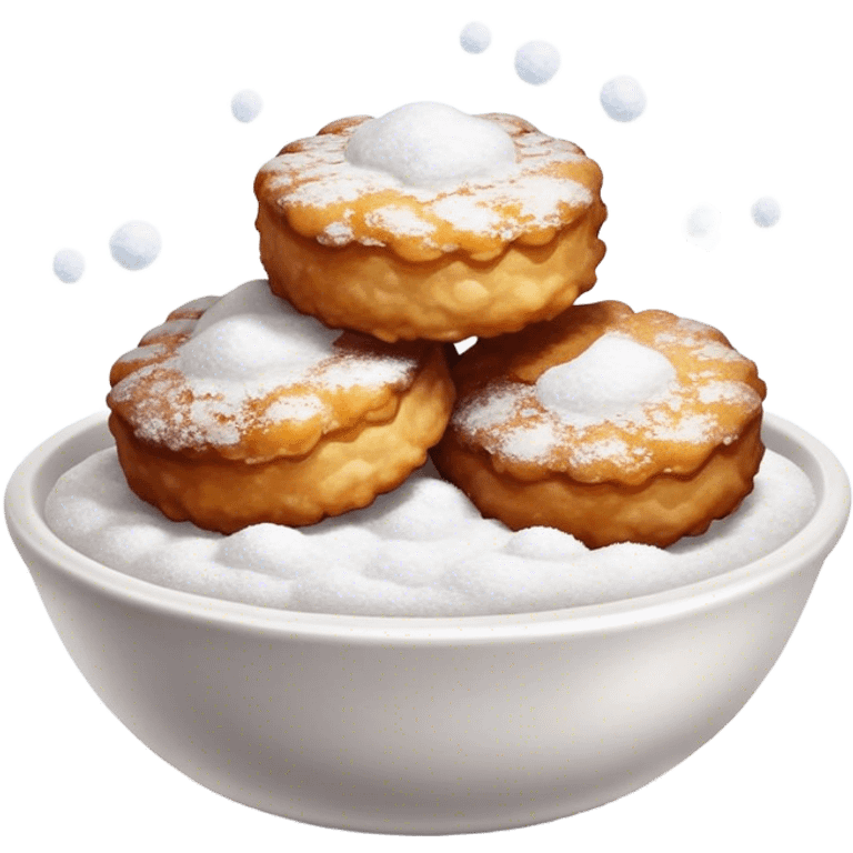 Buñuelo Cinematic Realistic Buñuelo Dessert Emoji, depicted as perfectly round, fluffy fritters served in a small bowl with a dusting of powdered sugar, rendered with vibrant textures and warm, inviting lighting. emoji