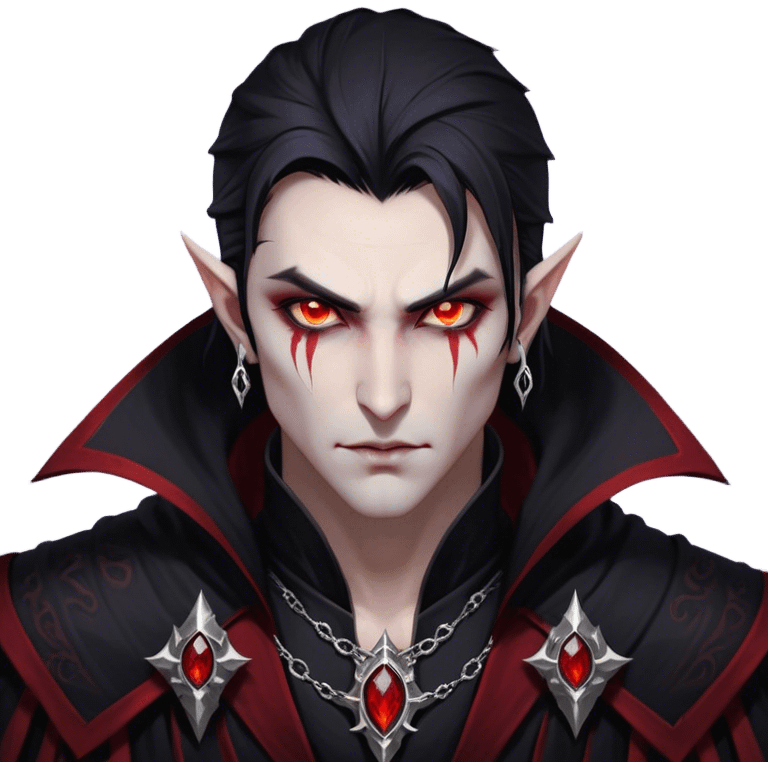 Cinematic Realistic WoW Vampire Mage Portrait, head tilted epicly and inquisitively, showcasing a commanding presence and ancient arcane mastery. His pallid skin and sleek dark hair are set against the intricately detailed black robe—with silver accents and mystical runes—that remains consistent in its shadowed elegance. His piercing crimson eyes blaze with forbidden power, rendered with dramatic, lifelike clarity and high shine, epic and awe-inspiring. emoji