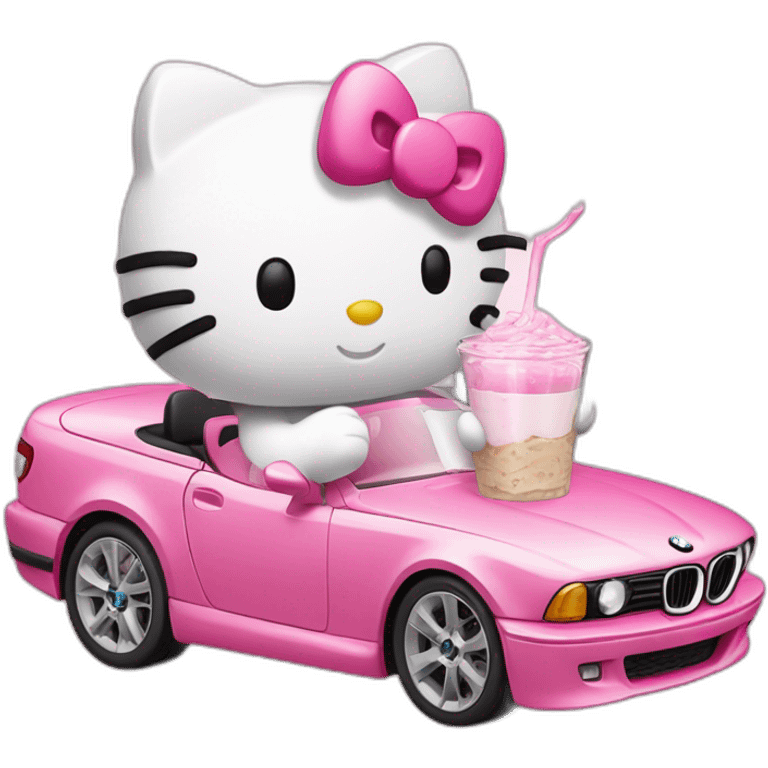 Hello Kitty drinking milk from a glass while driving a pink BMW emoji