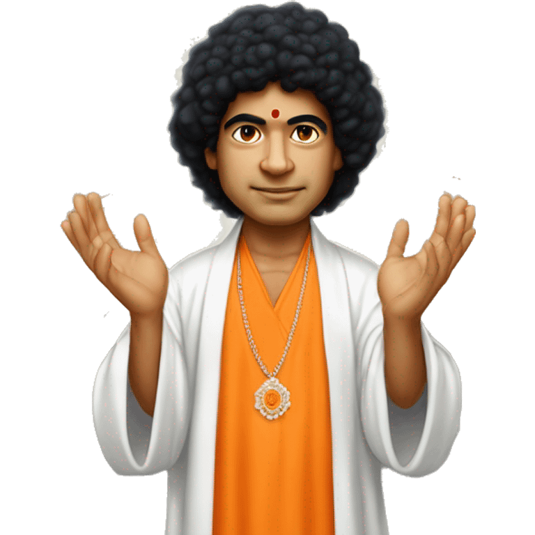 sathya sai baba black hair with orange robe standing blessing in two hands emoji