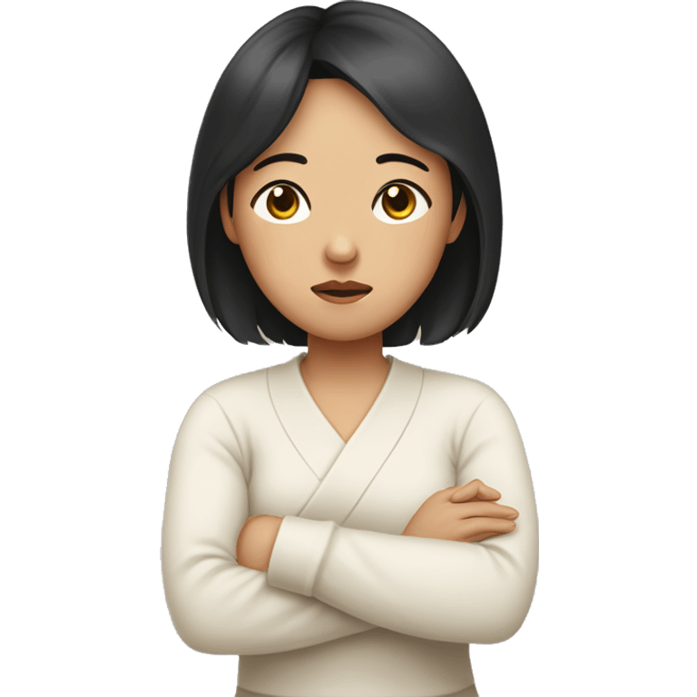 A Korean woman in her 30s with a difficult and sad expression, mother, black hair with arms crossed emoji